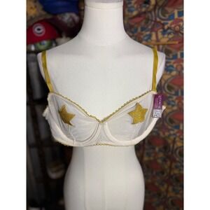 Adore Me White Sheer Mesh Gold Glitter Star Underwire Bra 36D NEW